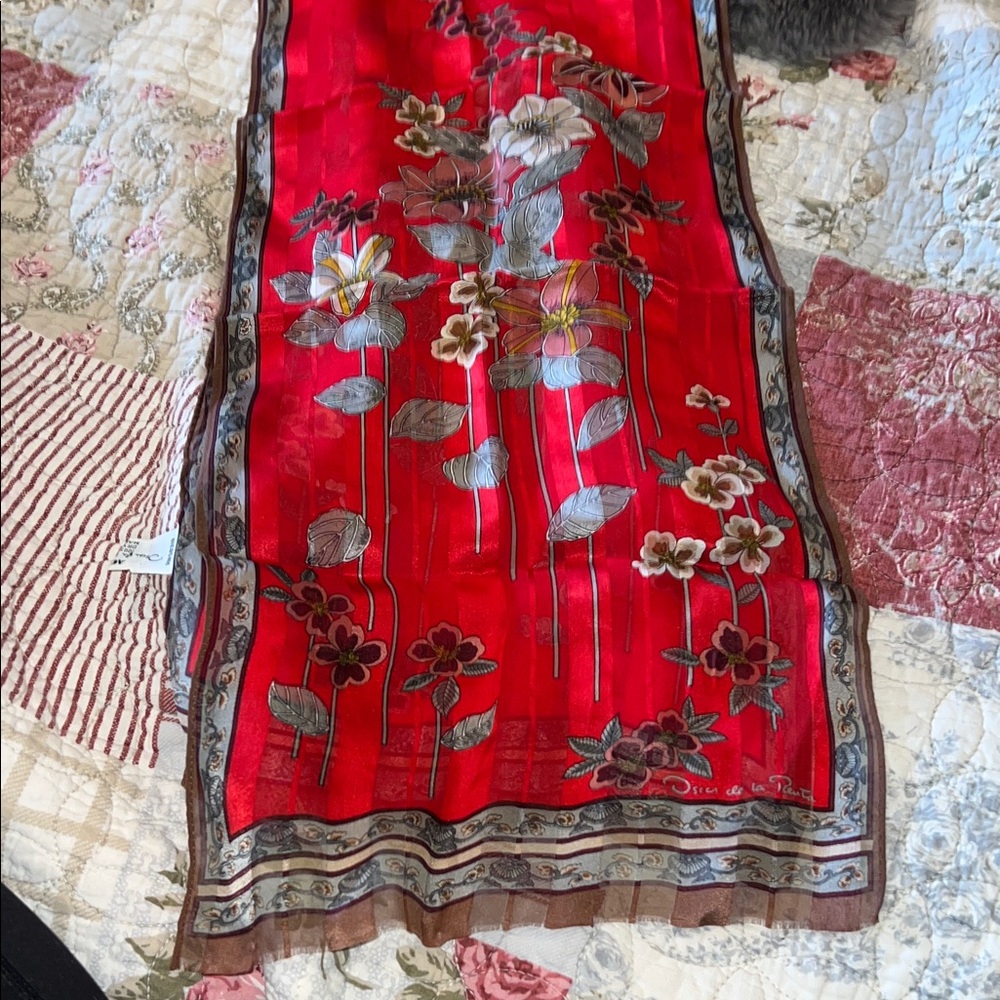 Vintage Oscar De La Renta silk oblong silk scarf fringe Japan 44” x 10”